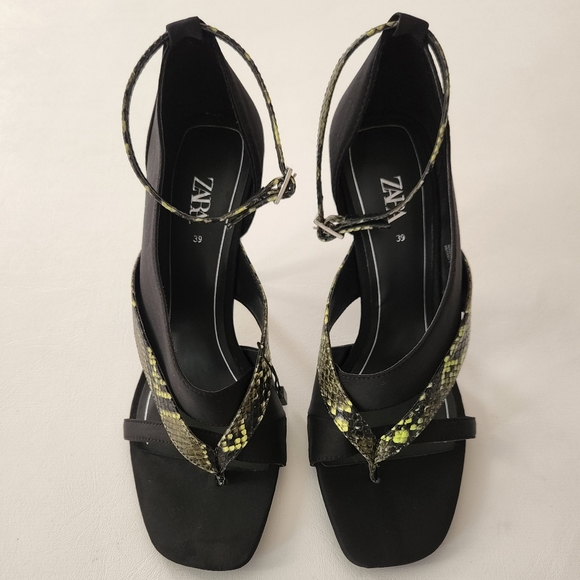 Zara Heeled Sandals features a lime green & black Embossed snakeskin print - Picture 3 of 13